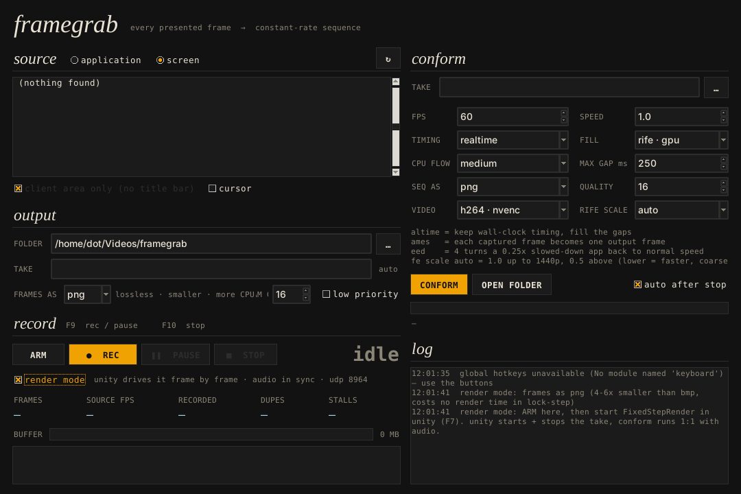 framegrab: screen · render mode