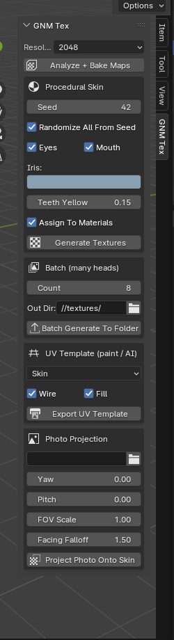 GNM head pipeline: blender · GNM Tex panel